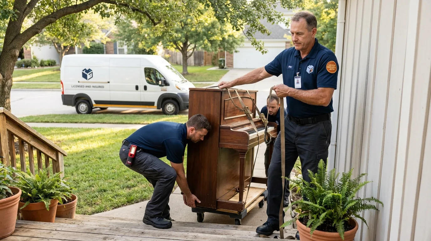 Licensed piano movers securing grand piano in Mount Vernon, MO