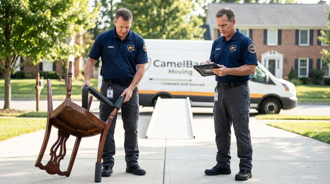 Movers inspecting furniture for damage prevention before loading in Mount Vernon, MO